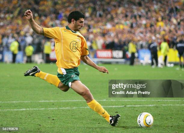 John Aloisi of Australia kicks the winning goal during the second leg of the 2006 FIFA World Cup qualifying match between Australia and Uruguay at...