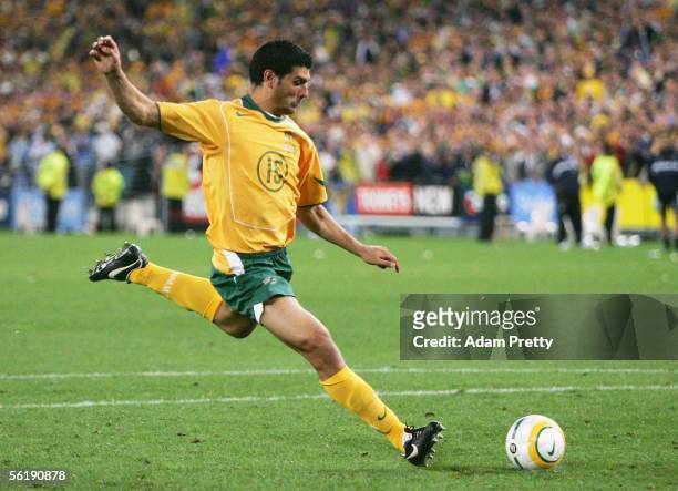 John Aloisi of Australia kicks the winning goal during the second leg of the 2006 FIFA World Cup qualifying match between Australia and Uruguay at...