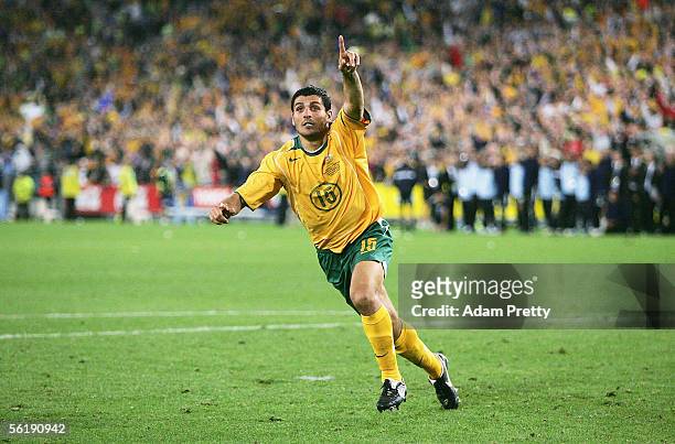 John Aloisi of Australia celebrates scoring the winning goalin the penalty shoot-out during the second leg of the 2006 FIFA World Cup qualifying...
