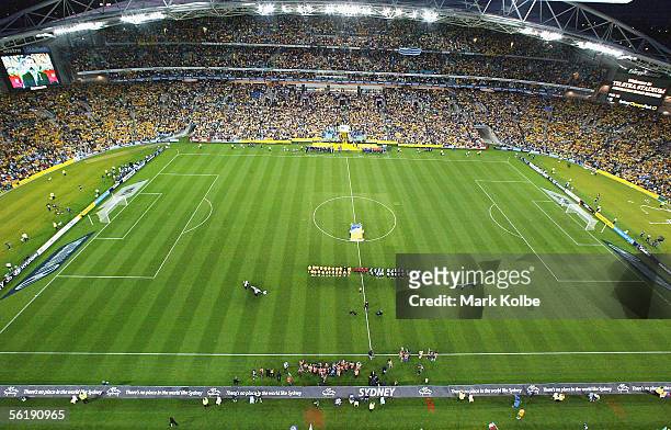 General view of Telstra Stadium during the national anthems before the second leg of the 2006 FIFA World Cup qualifying match between Australia and...