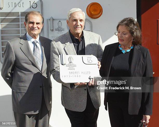 Bob Papazian, CEO, actor Hal Linden and Donna Arnold attend the "Barney Miller" television show reunion honoring the show with the Wall of Fame...
