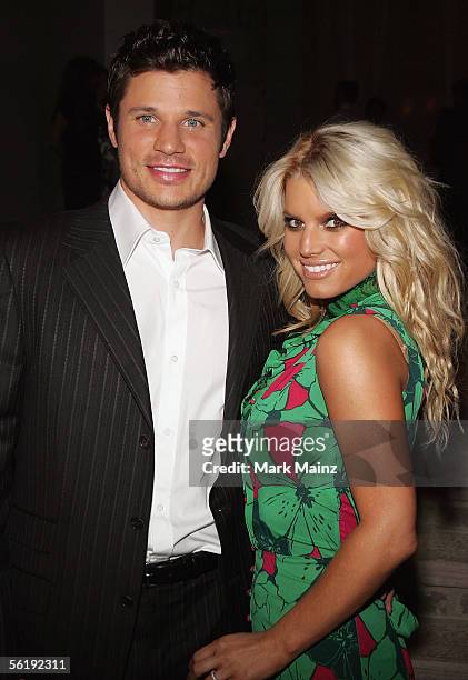 Singers Jessica Simpson and husband Nick Lachey attends the "Gucci Spring 2006 Fashion Show Benefitting The Childrens Action Network" at Michael...