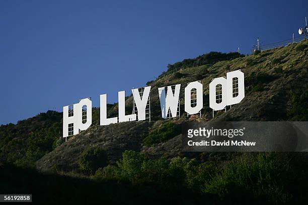 The Hollywood Sign is seen on November 16, 2005 in Los Angeles, California. The historic landmark is undergoing a month-long makeover; erected in...