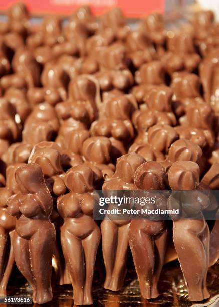 Chocolate statues of naked women are displayed at the Erotica exhibition at Olympia on November 17, 2005 in London, England.The four day event...