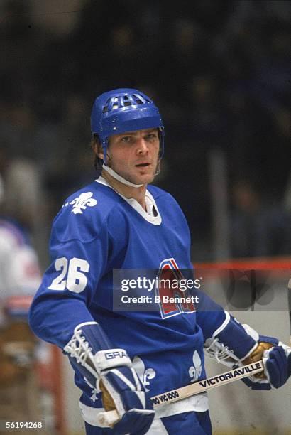 Slovakian hockey player Peter Stastny of the Quebec Nordiques on the ice during a game, early 1980s.