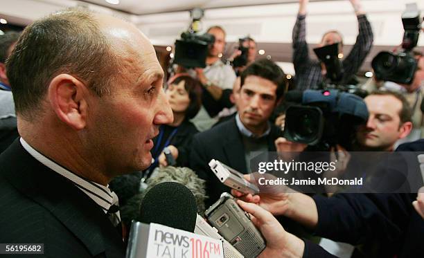 New Zealand Rugby Union Chairman Jock Hobbs is interviewed by the press after the announcement that New Zealand will host the 2011 Rugby World Cup at...