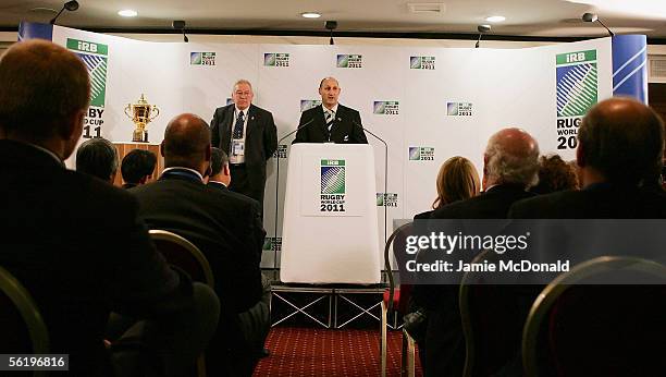 New Zealand Rugby Union Chairman Jock Hobbs is interviewed by the press after the announcement that New Zealand will host the 2011 Rugby World Cup at...