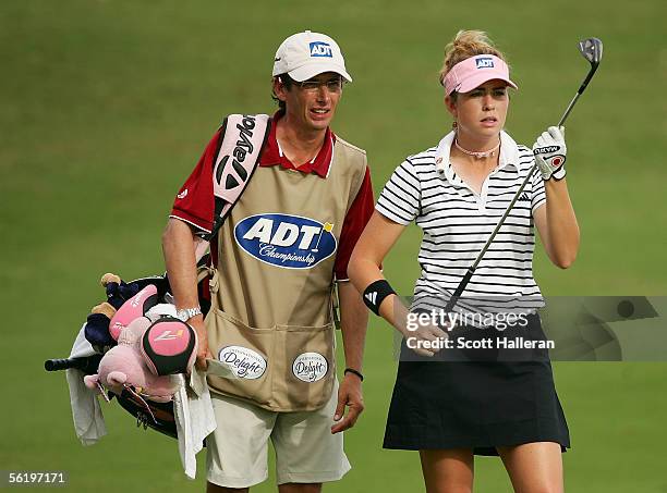 Paula Creamer chats with her caddie Colin Cann during the first round of the ADT Championship at Trump International Golf Club on November 17, 2005...