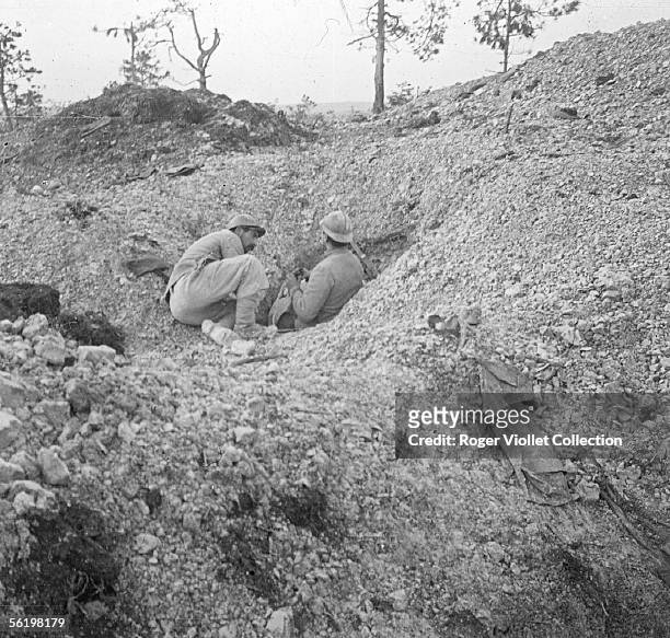 War. French trench with anti-plane machine gun resistance nest. Marne, January 1916.