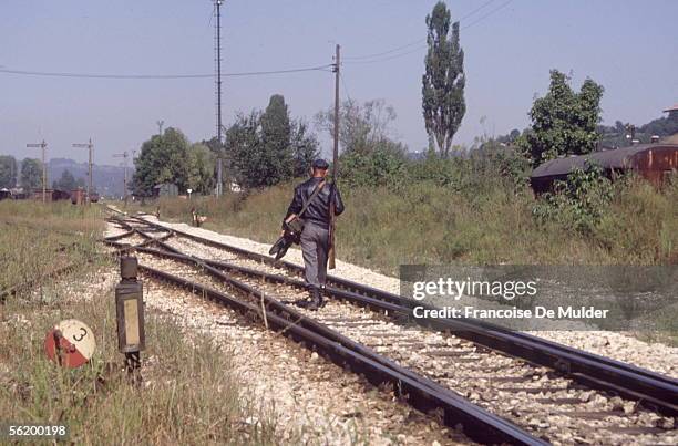 War of Bosnia-Herzegovina. Armed partisan on the railway. Vicinity of Puracic, September 1992.