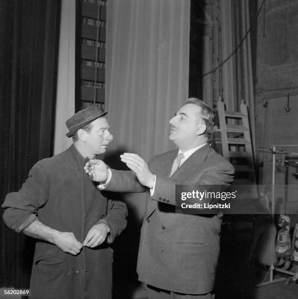 Achille Zavatta, French clown and Bruno Coquatrix, director of Olympia. Paris, Olympia, December 1957.