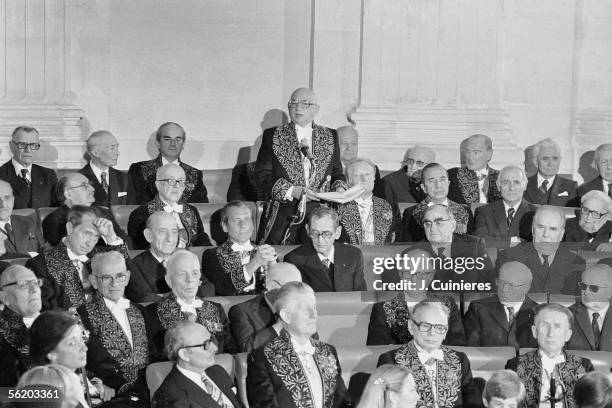 Edgar Faure , French politician, making his speech of reception, to the French Academy. Paris, 1978.