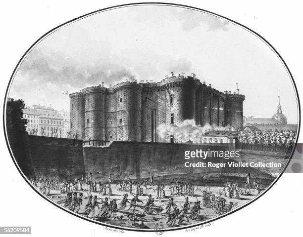 View of the Bastille prison at the beginning of the attack, behind the suburd Saint-Antoine . Engraving by Le Campion son according to Pernet. B.N.F.