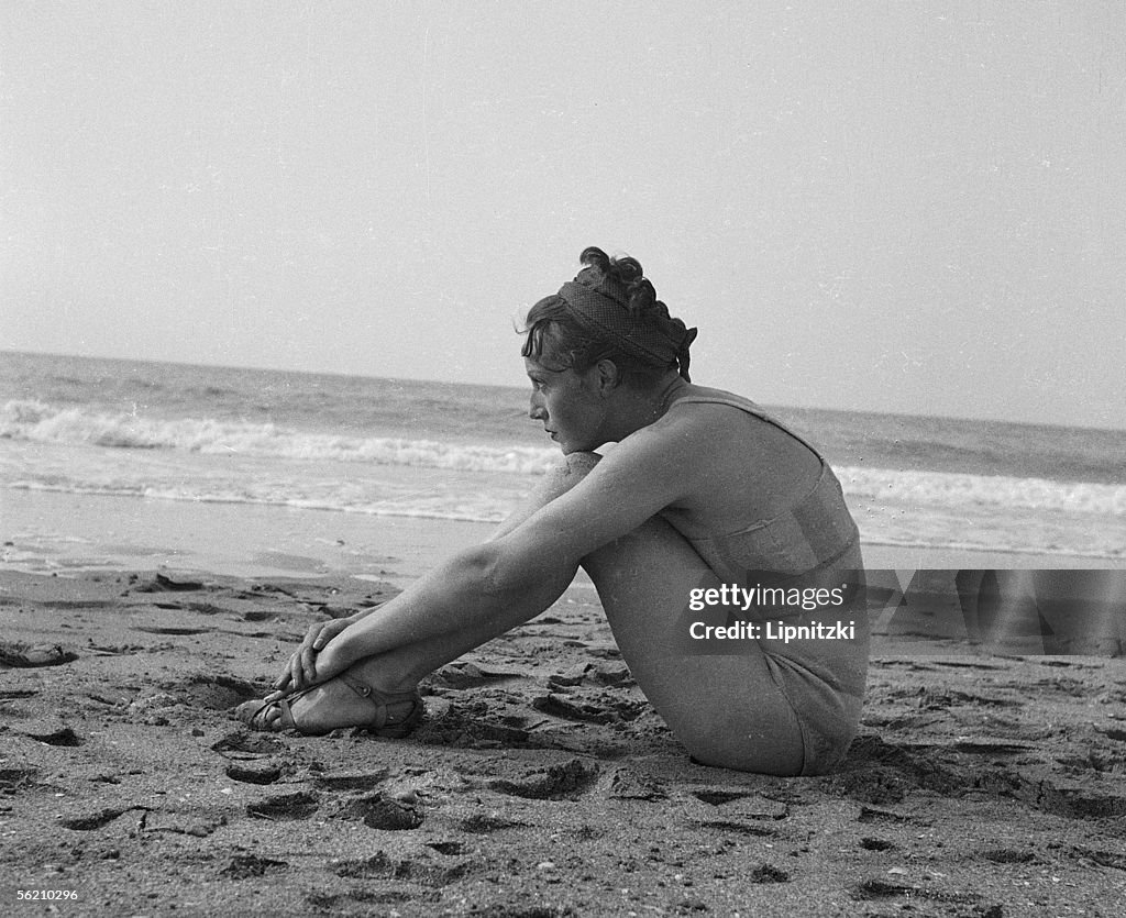 Bath costume on the beach of Deauville (Calvados),