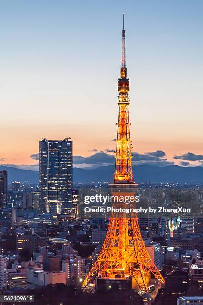 sunset view of roppongi hills and tokyo tower - torre di tokyo foto e immagini stock