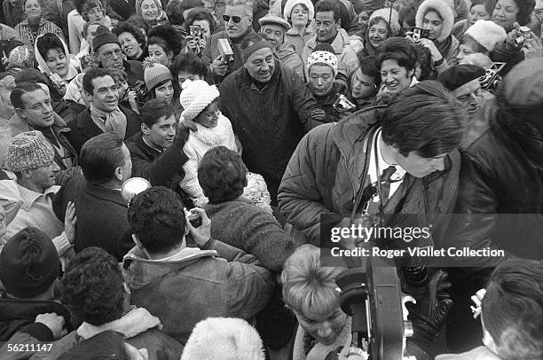 Marriage of Sacha Distel, French singer, and Francine Breaud, French skier. Megeve , 1963.