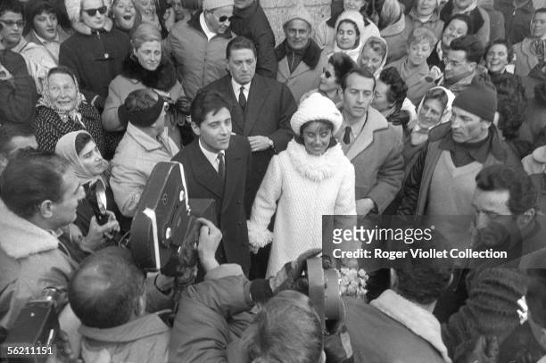 Marriage of Sacha Distel and Francine Breaud, french skier. Megeve , 1963.