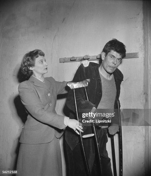 Francoise Morhange and Roger Blin in "La Grande et la petite manoeuvre" of Arthur Adamov. Paris, theatre of the Noctambules, November 1950....