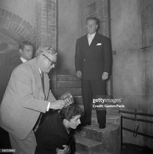 Michel Jourdan, Paul Frankeur, Daniel Cauchy and Jean Gabin during the shooting of the film "Touchez pas au grisbi" by Jacques Becker. France, 1953.