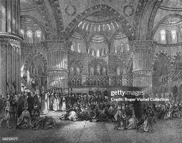 Istanbul . Solemn ceremony in the mosque of sultan Ahmed. The sacred standard of Mahomet is unfurled. Engraving of the Historic Atlas of Schnitzler,...