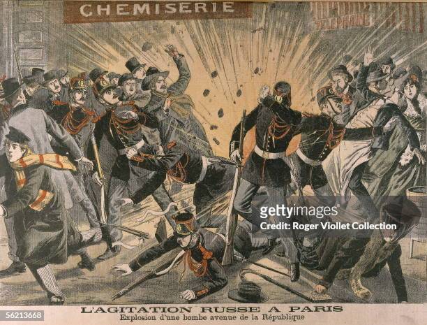 Unrest of Russian anarchists and nihilists in Paris. Explosion of a bomb, avenue de la Republique. Engraving, "Le Petit Journal", Febuary 1905.