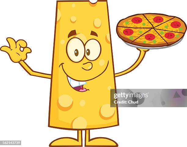 funny cheese character holding a pizza - chicago pizza illustration stock illustrations