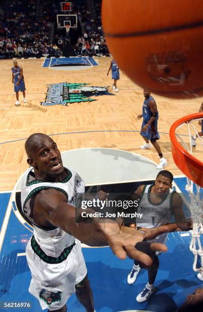 Kevin Garnett of the Minnesota Timberwolves goes for a rebound during a game against the Washington Wizards on November 17, 2005 at The Target Center...