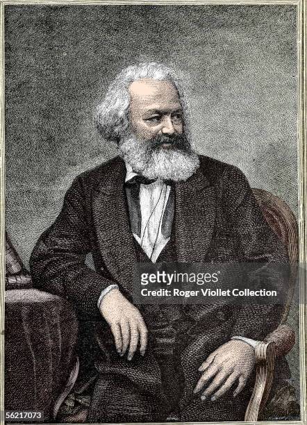 Karl Marx , German theorician of socialism and revolutionary. Engraving B.N. Colourized photo.