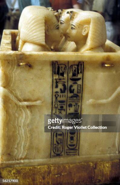 Egyptian art. Treasure of Toutankhamon , XVIIIth dynasty. Box with alabaster canopic vases. Cairo, Egyptian museum.
