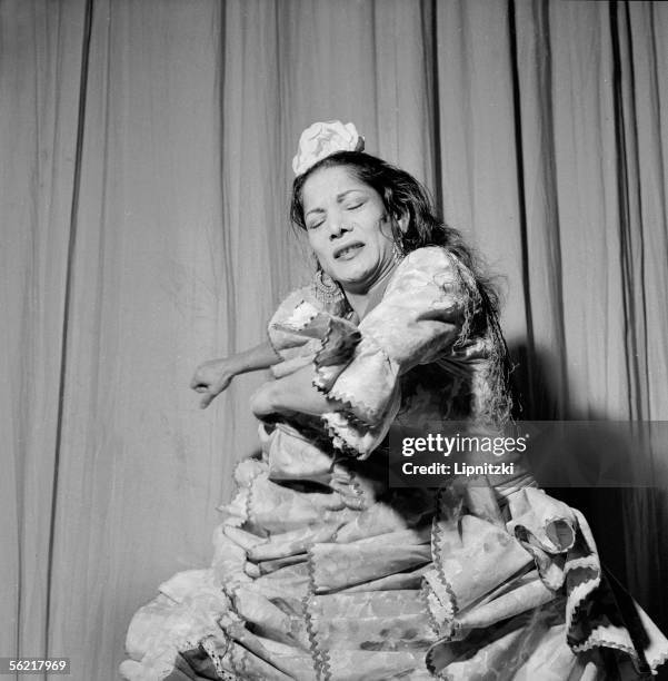 Carmen Amaya, Spanish dancer. Paris, Etoile theatre, february 1960.