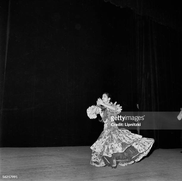 Carmen Amaya, Spanish dancer. Paris, theatre des Champs-Elysees, january 1959.