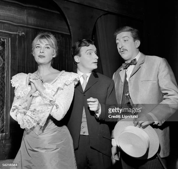 Zanie Campan, Michel Bouquet and Pierre Tornade in "La Double vie de Theophraste Longuet". Paris, theater Gramont, October 1959.
