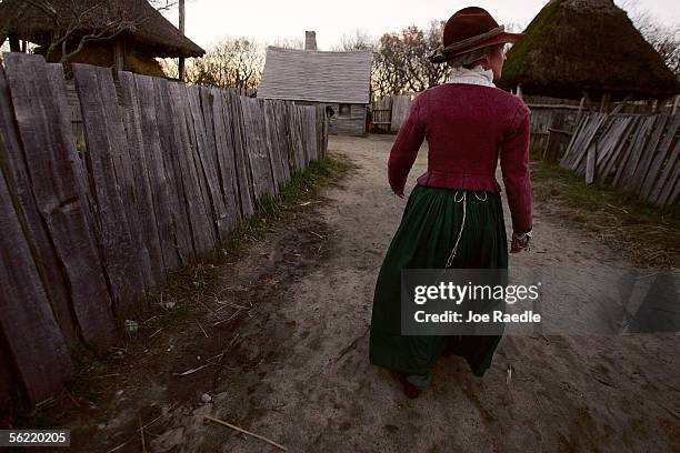 Lydia Hicks walks through the 1627 Pilgrim Village at "Plimoth Plantation" where she and other role-players portray Pilgrims seven years after the...