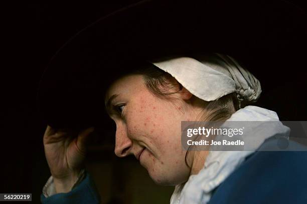 Constant Snow sits in her home at the 1627 Pilgrim Village at "Plimoth Plantation" where she and other role-players portray Pilgrims seven years...