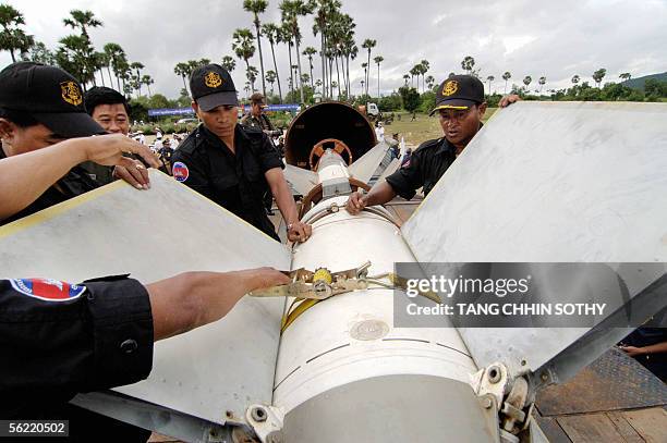 Cambodian soldiers prepare to destroy Russian-made C-125M surface-to-air missile by a controlled explosion in Kompong Speu province, some 45...