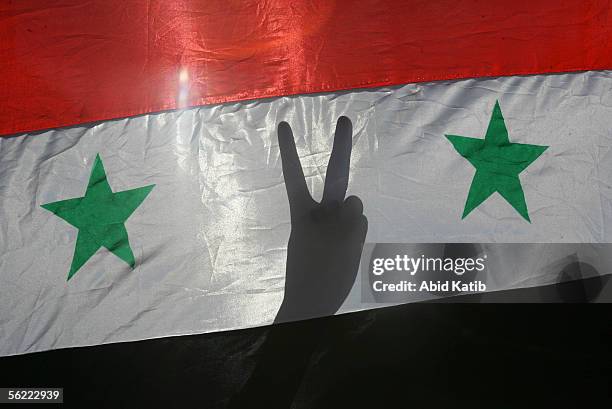 Palestinian youths flash V-signs while they hold Syrian flags during a pro-Syrian demonstration November 18, 2005 in Gaza City, Gaza Strip. Hundreds...