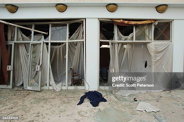 Blown in windows are seen at the Hamra Hotel in the aftermath of a double suicide car bomb attack that struck civilians living near the blast walls...