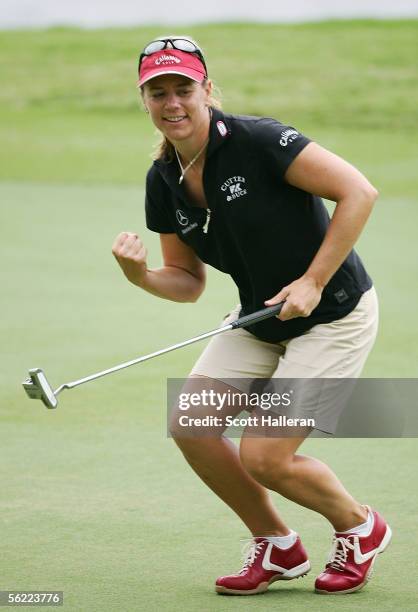 Annika Sorenstam of Sweden celebrates an eagle putt on the ninth hole during the second round of the ADT Championship at Trump International Golf...