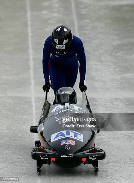 Driver Jean Prahm and Vonetta Flowers of the USA, who finished tied for first place, at the start of heat 1 of of the FIBT Women's Bobsled World Cup...