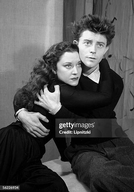 Gerard Philipe and Maria Casares in "The Epiphanies" of Henri Pichette. Paris, theatre des Noctambules, in November, 1947.