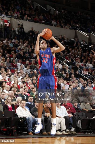 Tayshaun Prince of the Detroit Pistons shoots a jumper during the game against the Portland Trail Blazers on November 11, 2005 at the Rose Garden...