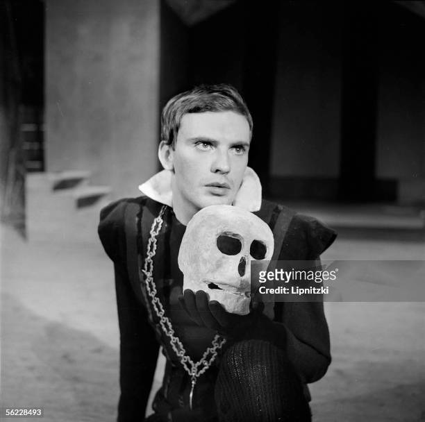 Jean-Louis Trintigant, French actor, in "Hamlet" by Shakespeare. Paris, theater of Champs-Elysees. January, 1960.