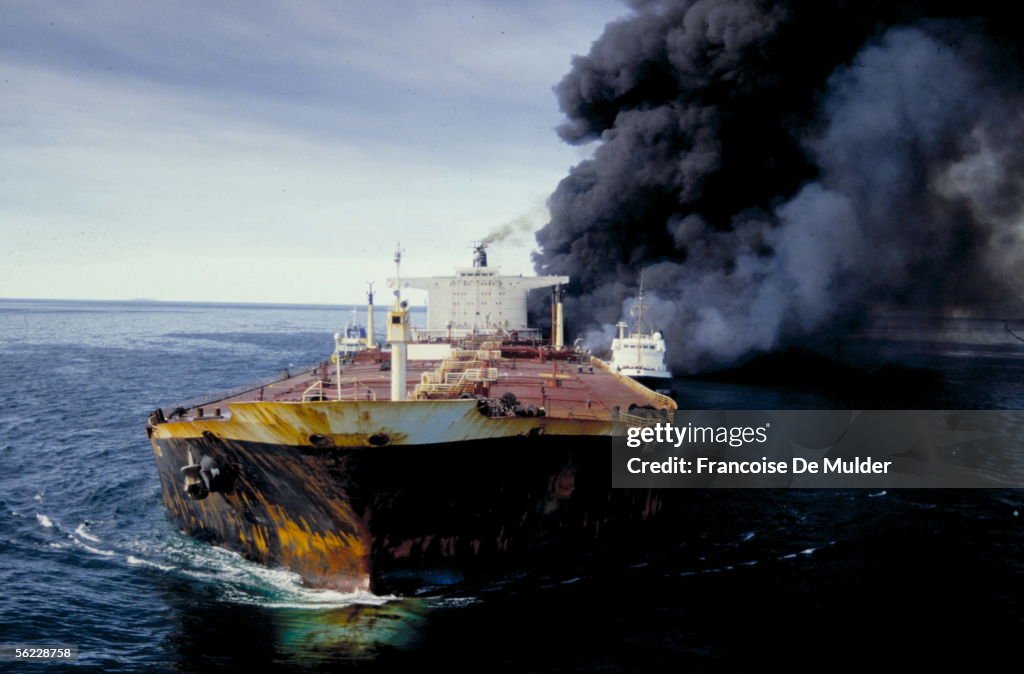 Pivot tanker  in flames during the Iran-Iraq war