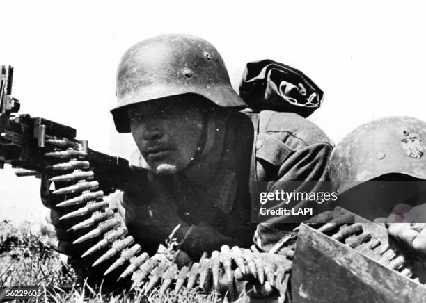 World War II. Russian front. German machine gunner. April 1943. Roger Viollet via Getty Images-13703.