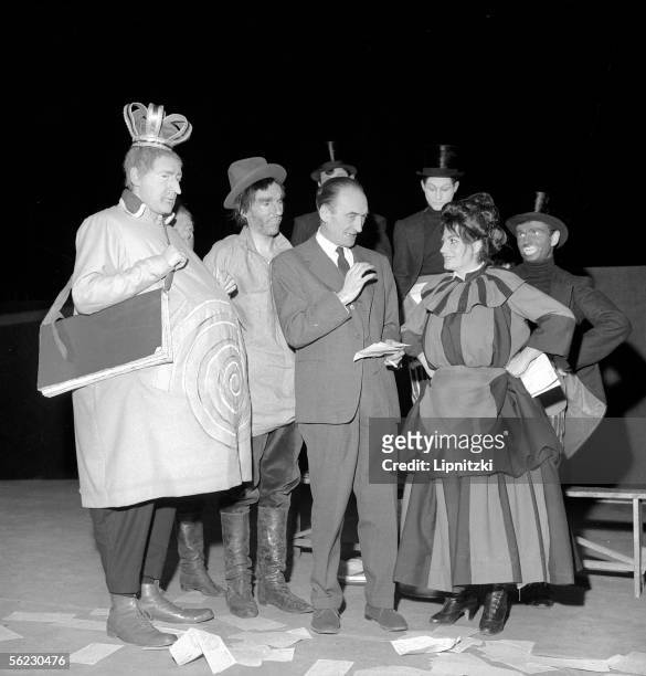 Rehearsal of "Ubu roi " of Alfred Jarry. Georges Wilson, Roger Coggio, Jean Vilar, director and Rosy Varte. Paris, T.N.P., March 1958....