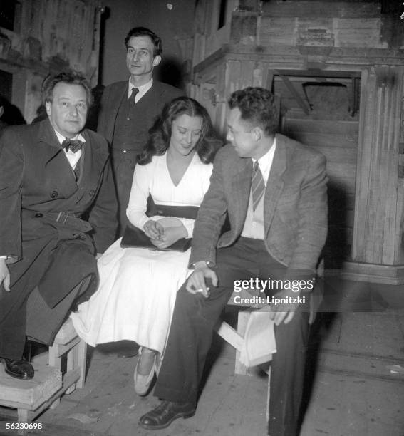 Albert Camus at the time of a rehearsal of his show " L'Etat de siege " with Arthur Honegger, author of the stage music, Balthus, decorator and Maria...