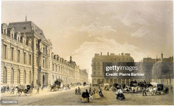 Paris. The Louvre, facade rue de Rivoli and the Palais Royal. Beginning of the XIXth century, about 1840. Lithograph by Arnout.