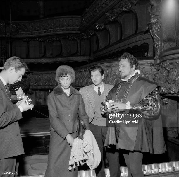 Leonor Fini and Pierre Brasseur in "La Megere apprivoisee" of William Shakespeare. Paris, theatre of the Athenee, october 1957.