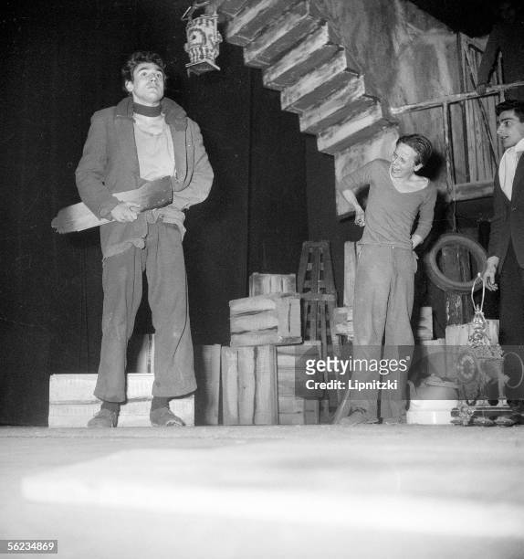Robert Hossein, actor and author, and Charles Denner in "The Hooligans". Paris, theatre du Vieux-Colombier, december 1949. LIP-174-125-015.