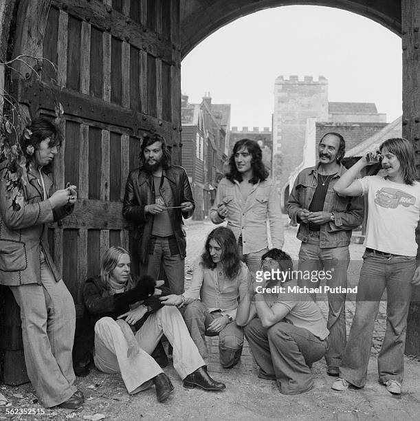 English keyboard player and composer Rick Wakeman , with his group, The English Rock Ensemble, 22nd September 1975. Drummer Tony Fernandez is...